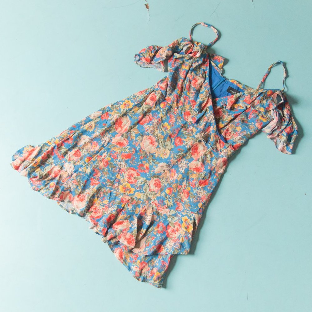 Majorelle x Revolve Blue Floral Salsa Off Shoulder Faux Wrap Mini Dress Sz M - Picture 2 of 10